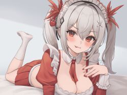 Rule 34 | 1girl, :p, absurdres, between breasts, blush, breasts, cleavage, closed mouth, collar, commission, crop top, detached collar, eyelashes, foot up, frills, grey hair, hair between eyes, hair ornament, hanazawa ma, hand up, heart, heart hair ornament, highres, indie virtual youtuber, kimitsu tenka, long sleeves, looking at viewer, lying, maid, maid headdress, medium breasts, midriff, miniskirt, nail polish, necktie, necktie between breasts, no shoes, on bed, on stomach, pleated skirt, puffy sleeves, red eyes, red nails, red necktie, red skirt, red sleeves, shirt, short necktie, signature, skeb commission, skirt, socks, solo, tongue, tongue out, twintails, v-shaped eyebrows, virtual youtuber, white collar, white shirt, white socks, x hair ornament