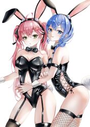 Rule 34 | 2girls, ahoge, animal ears, bare shoulders, blue eyes, blue hair, blush, bow, bowtie, braid, braided ponytail, breasts, cleavage, cross-laced leotard, detached collar, fake animal ears, fishnet thighhighs, fishnets, green eyes, hair between eyes, hair ornament, hairclip, highres, hololive, hoshimachi suisei, large breasts, leotard, long hair, looking at viewer, muiipa, multiple girls, parted lips, pink hair, playboy bunny, rabbit ears, rabbit tail, sakura miko, side ponytail, smile, star (symbol), star in eye, strapless, strapless leotard, symbol in eye, tail, thighhighs, virtual youtuber, white background, wrist cuffs