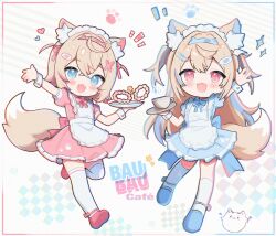 animal_ear_fluff blonde_hair blue_dress blue_eyes blue_hair chibi dog_girl dog_tail dress fuwawa_abyssgard highres holding holding_tray hololive hololive_english long_hair maid maid_headdress maru_ccy mococo_abyssgard multicolored_hair perroccino_(fuwamoco) pink_dress pink_eyes pink_hair shirt short_sleeves siblings sisters streaked_hair tail thighhighs tray twins two-tone_hair two_side_up virtual_youtuber white_thighhighs wrist_cuffs