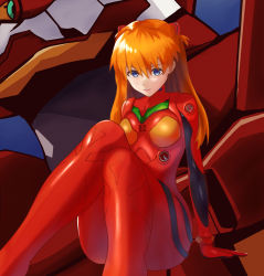 Rule 34 | 1girl, arm support, artist request, ass, blue eyes, bodysuit, breasts, curvy, eva 02, highres, huge ass, lips, looking at viewer, mecha, neon genesis evangelion, pilot suit, plugsuit, robot, shiny clothes, solo, souryuu asuka langley, thighs, two side up, wide hips