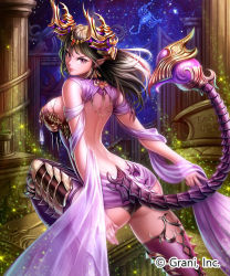 Rule 34 | 1girl, ass, backless outfit, black hair, card, column, earrings, grin, hair ornament, high heels, horns, indoors, jewelry, looking at viewer, looking back, pillar, pointy ears, purple eyes, scorpion, scorpion tail, shingoku no valhalla gate, silk, smile, solo, standing, tail, watermark, xoxocia