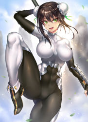 Rule 34 | 1girl, bodysuit, breasts, brown hair, bun cover, chinese clothes, covered navel, day, double bun, fate/grand order, fate (series), fingerless gloves, gloves, green eyes, hair between eyes, highres, holding, holding weapon, large breasts, looking at viewer, nasaniliu, open mouth, outdoors, polearm, qin liangyu (fate), solo, standing, standing on one leg, weapon
