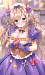 Rule 34 | 1girl, black bow, blue eyes, blurry, blurry background, blush, bow, braid, breasts, brown hair, cleavage, collarbone, commentary request, depth of field, flower, flying sweatdrops, frills, gloves, hair between eyes, hair bow, hair ornament, hairclip, halloween, highres, horns, kouta., large breasts, long hair, looking at viewer, maid, maid headdress, open mouth, original, pleated skirt, puffy short sleeves, puffy sleeves, purple bow, purple gloves, purple skirt, red flower, red rose, rose, short sleeves, skirt, solo, star (symbol), sweat, two side up, very long hair, wavy mouth, x hair ornament