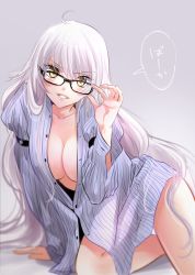 Rule 34 | 1girl, breasts, cleavage, fate/grand order, fate (series), glasses, grin, jeanne d&#039;arc (fate), jeanne d&#039;arc alter (avenger) (fate), jeanne d&#039;arc alter (fate), long hair, looking at viewer, naked shirt, omizu (omz), ruler (fate/grand order), shirt, sitting, smile, solo, very long hair, white hair, yellow eyes
