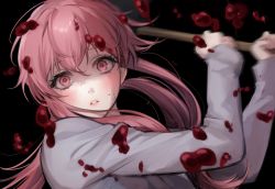Rule 34 | 1girl, bamme o3o, black background, blood, blood on clothes, blood on face, blurry, blush, commentary, gasai yuno, hair between eyes, hair ornament, hand up, hands up, highres, holding, holding weapon, long hair, long sleeves, looking at viewer, mirai nikki, pink eyes, pink hair, simple background, solo, symbol-only commentary, teeth, weapon