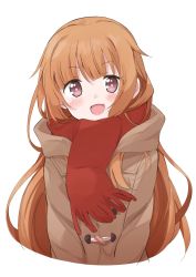 Rule 34 | 1girl, :d, absurdres, amatsuka mao, blush, brown hair, coat, commentary request, cropped torso, fang, gj-bu, hair flaps, highres, long hair, long sleeves, looking at viewer, mousou (mousou temporary), open mouth, purple eyes, red scarf, scarf, simple background, smile, solo, upper body, white background