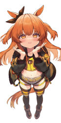 1girl, animal ears, bangs, belt, belt buckle, black jacket, black legwear, black ribbon, blush, boots, bow, brown belt, brown eyes, brown footwear, buckle, collarbone, commentary request, crop top, ear ribbon, eyebrows visible through hair, from above, full body, hair between eyes, hands up, highres, horse ears, jacket, long hair, long sleeves, looking at viewer, looking up, mayano top gun, midriff, navel, open clothes, open jacket, orange hair, parted lips, puffy long sleeves, puffy sleeves, ribbon, shirt, short shorts, shorts, simple background, smile, solo, standing, thighhighs, thighhighs under boots, two side up, umamusume, usamata, very long hair, white background, white shorts, yellow shirt