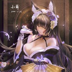 Rule 34 | 1girl, absurdres, ahoge, animal ear fluff, animal ears, azur lane, bare shoulders, black kimono, breasts, brown eyes, bug, butterfly, cleavage, dated, facial mark, fingerless gloves, flower, folding fan, fox ears, fox girl, frilled hairband, frills, gloves, hair flower, hair ornament, hairband, hand fan, highres, holding, holding fan, insect, japanese clothes, kimono, kitsune, large breasts, long hair, low neckline, maid, musashi (azur lane), musashi (violet moonglow) (azur lane), nail polish, official alternate costume, purple flower, purple hair, single fingerless glove, upper body, very long hair, wa maid, whisker markings, yukiwinchester