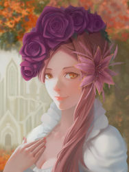 Rule 34 | 1girl, bad deviantart id, bad id, blurry, breasts, building, cleavage, depth of field, flower, hair flower, hair ornament, hand on own chest, long hair, looking at viewer, nail polish, orange eyes, original, ousang, pink hair, purple flower, purple rose, realistic, rose, smile, solo