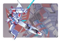 Rule 34 | blue eyes, decepticon, dual wielding, flying, highres, holding, holding sword, holding weapon, lantana0 0, mecha, no humans, reverse grip, robot, science fiction, solo, starscream, starscream (shattered glass), sword, transformers, transformers shattered glass, weapon, zoom layer