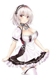 Rule 34 | 1girl, arikawa rui, azur lane, blush, breasts, choker, cleavage, closed mouth, collarbone, hair between eyes, hairband, highres, lace-trimmed hairband, lace trim, large breasts, looking at viewer, puffy sleeves, red eyes, short hair, short sleeves, sidelocks, simple background, sirius (azur lane), smile, solo, standing, thighhighs, white background, white hair