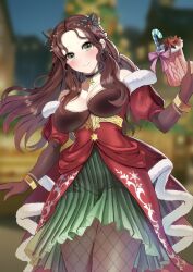 Rule 34 | 1girl, blurry, blurry background, bracelet, breasts, brown gloves, brown hair, brown pantyhose, candy, candy cane, christmas, cleavage, closed mouth, commentary, dorothea arnault, dress, elbow gloves, fire emblem, fire emblem: three houses, fire emblem heroes, fire emblem warriors: three hopes, fishnet pantyhose, fishnets, food, forehead, fur-trimmed dress, fur trim, gloves, green eyes, green skirt, hair ornament, highres, holding, jewelry, large breasts, long hair, looking at viewer, nintendo, off shoulder, official alternate costume, official alternate hairstyle, pantyhose, puffy short sleeves, puffy sleeves, red dress, short sleeves, skirt, smile, solo, tara (szzj7733)