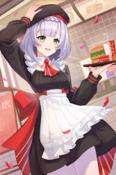 Rule 34 | 1girl, absurdres, apron, arm up, braid, burger, cup, drinking straw, eyebrows hidden by hair, falling petals, food, french fries, genshin impact, green eyes, grey hair, hair between eyes, hat, highres, holding, holding plate, indoors, kfc, looking at viewer, maid, maid apron, noelle (genshin impact), noelle (kfc) (genshin impact), open mouth, petals, plate, ribbon, short hair, smile, solo, thighhighs, wangqi, white thighhighs