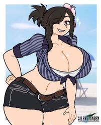 Rule 34 | 1girl, 2024, absurdres, artist name, asymmetrical clothes, beach, belt, blue shirt, blurry, breasts, brown belt, brown hair, chair, cleavage, collarbone, commentary, cropped torso, day, english commentary, female focus, final fantasy, final fantasy vii, final fantasy vii remake, flower hair ornament, folding chair, grin, groin, hands on own hips, highres, huge breasts, leaning forward, leather belt, logo, long hair, looking at viewer, midriff, navel, ocean, one eye closed, outdoors, ponytail, red eyes, shirt, shorts, silenttandem, smile, solo, square enix, striped clothes, striped shirt, swept bangs, thick thighs, thighs, tifa lockhart, undershirt, wide hips, wink