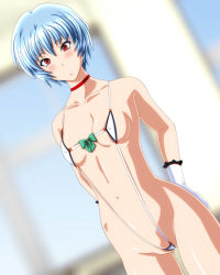 Rule 34 | 1girl, 286c, adapted costume, arms behind back, ayanami rei, blue hair, blush, bow, breasts, choker, collarbone, covered erect nipples, dutch angle, groin, hand on own ass, highres, looking at viewer, navel, neon genesis evangelion, red eyes, revealing clothes, short hair, slingshot swimsuit, small breasts, solo, strap gap, swimsuit