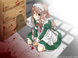 Rule 34 | 1girl, apron, blood, blood on face, blood splatter, blood on clothes, blood on hands, bloody knife, bloody weapon, bow, brown eyes, brown hair, dress, frills, hair bow, kneeling, knife, long hair, maid, maid apron, maid headdress, original, pink bow, smile, solo, wasabi ruo, weapon, yandere