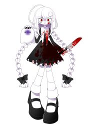 Rule 34 | 1girl, black bow, black dress, black footwear, black nails, blood, blood on clothes, blood on face, bloody clothes, bloody dress, bloody knife, bloody weapon, bow, braid, colored skin, dress, funamusea, funamusea (artist), ghost, ghost hair ornament, gothic lolita, hair bow, hair ornament, highres, holding, holding knife, holding weapon, indie virtual youtuber, knife, lolita fashion, mochiko (funamusea), nail polish, official art, red eyes, sandals, socks, solo, stitched hand, stitched leg, stitches, transparent background, weapon, white hair, white skin