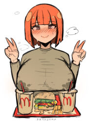 Rule 34 | 1girl, artist name, blunt bangs, blunt ends, blush, bob cut, breasts, burger, cup, disposable cup, kryashka, lactation, lactation through clothes, large breasts, looking at viewer, mature female, mcdonald&#039;s, mother (yoru mac), orange hair, product girl, simple background, solo, steaming body, sweat, tray, upper body, v, wet, wet clothes, white background, yoru mac