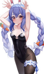 Rule 34 | 1girl, :3, absurdres, alternate costume, animal ear fluff, animal ears, armpits, arms up, bare arms, bare shoulders, black leotard, blue hair, blush, braid, breasts, brown pantyhose, carrot hair ornament, collarbone, covered navel, cowboy shot, food-themed hair ornament, foreshortening, grey background, hair between eyes, hair ornament, hands up, highres, hololive, hololive fantasy, leotard, long hair, looking at viewer, multicolored hair, pantyhose, playboy bunny, rabbit ears, rabbit girl, rabbit tail, simple background, small breasts, smile, solo, twin braids, two-tone hair, usada pekora, usada pekora (1st costume), virtual youtuber, white hair, zangi (lkt2012)