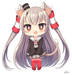 Rule 34 | 1girl, :3, amatsukaze (kancolle), animal ears, black dress, blush, brown eyes, cat ears, cat girl, cat tail, chibi, dress, fang, grey neckwear, hair tubes, kantai collection, long hair, long sleeves, open mouth, red thighhighs, sailor dress, signature, silica (silica silylate), silver hair, simple background, solo, tail, thighhighs, two side up, very long hair, white background