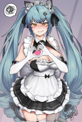 Rule 34 | 1girl, @ @, animal ears, apron, black dress, blue hair, blush, breasts, cat ears, cat tail, dress, drill hair, elbow gloves, fake animal ears, fake tail, gloves, goddess of victory: nikke, heart, heart hands, highres, large breasts, legwear garter, light blue hair, long hair, looking at viewer, maid, maid headdress, neck bell, official alternate costume, parted lips, paw hair ornament, privaty (nikke), privaty (unkind maid) (nikke), sagle, signature, solo, spoken squiggle, squiggle, sweatdrop, tail, thighhighs, twin drills, twintails, very long hair, white apron, white gloves, white thighhighs, yellow eyes