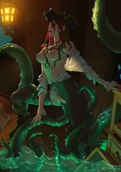 Rule 34 | artbyluv, boots, breasts, hat, kraken, league of legends, legends of runeterra, medium breasts, miss fortune (league of legends), monster, pants, pirate hat, red hair, ruination, ship, shirt, small breasts, tentacle sex, tentacles, tight clothes, tight pants, watercraft, white shirt
