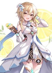 Rule 34 | 1girl, :d, bare shoulders, blonde hair, blush, breasts, cleavage, cowboy shot, detached sleeves, dress, flower, food, fruit, genshin impact, hair between eyes, hair flower, hair ornament, hand on own head, hands up, highres, holding food, holding ice cream, ice cream, ice cream cone, kure~pu, lemon, lemon slice, looking at viewer, lumine (genshin impact), medium breasts, open mouth, short hair with long locks, sidelocks, smile, solo, thighhighs, thighs, white background, white dress, white flower, white sleeves, white thighhighs, zettai ryouiki