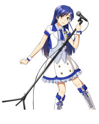 Rule 34 | 10s, 1girl, blue hair, boots, brown eyes, cable, cropped jacket, cross-laced footwear, idolmaster, idolmaster (classic), idolmaster shiny festa, kisaragi chihaya, knee boots, long hair, microphone, microphone stand, necktie, open mouth, smile, solo, standing, teru (grafroller), wrist cuffs