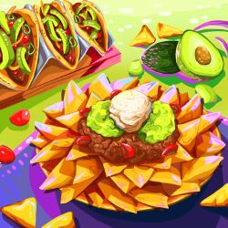 Rule 34 | avocado, chili con carne, food, food focus, guacamole, highres, meat, nachos, no humans, original, plate, taco, vegetable, yuki00yo