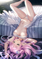 Rule 34 | 1girl, angel wings, areola slip, bed, blue archive, blue flower, breasts, chromatic aberration, feathered wings, flower, frilled ribbon, frills, hair bun, hair flower, hair flowing over, hair ornament, hair ribbon, halo, highres, large breasts, legs, long hair, looking at viewer, low wings, mika (blue archive), morning, navel, no bra, open mouth, panties, pink hair, plant, revision, ribbon, single side bun, solo, stomach, sweatdrop, thighs, underboob, underwear, upside-down, very long hair, white panties, white ribbon, white wings, wings, yan (nicknikg), yellow eyes