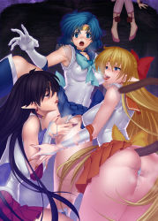 Rule 34 | 1990s (style), 4girls, absurdres, aino minako, ass, bishoujo senshi sailor moon, bishoujo senshi sailor moon supers, blonde hair, blue eyes, blue hair, blue sailor collar, blue skirt, bow, breasts, castella, cat tail, cerecere (sailor moon), clothing aside, covered erect nipples, fangs, fingering, hair bow, highres, hino rei, inner senshi, large breasts, leggings, mizuno ami, multiple girls, nail polish, open mouth, orange skirt, panties, panties aside, pleated skirt, pointy ears, pussy, pussy juice, red bow, retro artstyle, sailor collar, sailor mars, sailor mercury, sailor venus, saliva, skirt, tail, tongue, tongue out, uncensored, underwear, yuri