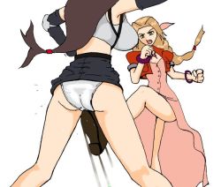 Rule 34 | 1990s (style), 2girls, aerith gainsborough, ass, bow, breasts, cameltoe, crotch kick, cunt punt, dress, final fantasy, final fantasy vii, kicking, large breasts, legs, long dress, long hair, low-tied long hair, multiple girls, panties, pink bow, pink dress, retro artstyle, ro sham bo, simple background, skirt, small breasts, square enix, tifa lockhart, underwear, upskirt, view between legs, violence, white background, white panties
