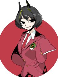 Rule 34 | 1girl, animal ears, black eyes, black hair, cat ears, collared shirt, hand on own hip, hand up, idkuroi, jacket, kokubunji suou, looking at viewer, mechanical ears, medium hair, mole, mole under mouth, necktie, original, pleated skirt, red background, red jacket, red necktie, red skirt, shirt, skirt, sleeves past fingers, sleeves past wrists, smile, solo, white shirt, wing collar