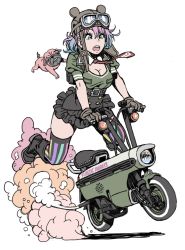 Rule 34 | 1girl, animal, aqua eyes, black footwear, black skirt, boots, breasts, cleavage, detached collar, dog, fishnets, flat color, full body, goggles, goggles on headwear, gradient hair, green shirt, helmet, highres, layered skirt, medium breasts, miniskirt, monkey bike, motor vehicle, motorcycle, multicolored hair, necktie, noped, on head, pink hair, plastic angels, puffy short sleeves, puffy sleeves, pug, red neckwear, shirt, short sleeves, simple background, skirt, smoke, striped clothes, striped thighhighs, thighhighs, vertical-striped clothes, vertical-striped thighhighs, white background, yamashita shun&#039;ya