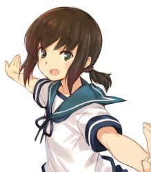 Rule 34 | 10s, 1girl, :o, brown hair, fubuki (kancolle), green eyes, kantai collection, kawata hisashi, looking at viewer, open mouth, outstretched arms, ponytail, ribbon, sailor collar, school uniform, serafuku, sidelocks, simple background, solo, spread arms, upper body, white background