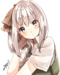 Rule 34 | 1girl, absurdres, alternate hair length, alternate hairstyle, bad id, bad twitter id, blue eyes, blunt bangs, blush, breasts, chestnut mouth, chromatic aberration, collared shirt, dated, green vest, head tilt, highres, konpaku youmu, long hair, looking at viewer, parted lips, shirt, short hair, short sleeves, signature, simple background, small breasts, solo, touhou, upper body, varyu, vest, white background, white shirt