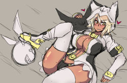 Rule 34 | 1girl, alternate breast size, alternate costume, arc system works, arm support, blush, breasts, cleavage, cleavage cutout, clothing cutout, creature, dark skin, familiar, grin, guilty gear, guilty gear xrd, hat, heart, hood, jacket, large breasts, long hair, looking at viewer, lucifero (guilty gear), lying, nightmare-doom, on back, orange eyes, ramlethal valentine, revealing clothes, smile, thighhighs, tsurime, white hair, wings