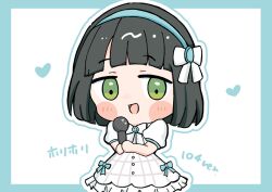 Rule 34 | 1girl, alternate costume, black hair, blue border, blue hairband, blunt bangs, blunt ends, blush, blush stickers, border, bow, bow hairband, bowtie, chibi, chibi only, commentary request, cosplay, cowboy shot, dress, frilled dress, frills, green eyes, hairband, highres, hinoshita kaho, hinoshita kaho (cosplay), holding, holding microphone, holiday holiday (love live!), link! like! love live!, looking at viewer, love live!, medium dress, microphone, momose ginko, outline, outside border, plaid clothes, plaid dress, puffy short sleeves, puffy sleeves, short hair, short sleeves, simple background, solo, two-handed, virtual youtuber, white background, white bow, white bowtie, white dress, white outline, yishi 0111