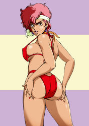 Rule 34 | 1980s (style), 1girl, ass, ass grab, bikini, bikini bottom only, breasts, brown eyes, covered erect nipples, cowboy shot, dirty pair, earrings, female focus, from behind, groin, highres, jewelry, kei (dirty pair), kugayama hodai, large breasts, legs, legs apart, looking at viewer, looking back, medium hair, nail polish, oldschool, open mouth, red bikini, red hair, red nails, retro artstyle, sideboob, simple background, smile, solo, standing, swimsuit, thighs, two-tone background