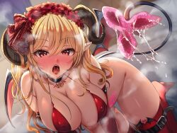 Rule 34 | 1girl, absurdres, after ejaculation, all fours, bare shoulders, bikini, black choker, blonde hair, bottomless, bracelet, breasts, brooch, choker, cleavage, collarbone, covered erect nipples, cum, cum on tail, curled horns, demon girl, demon horns, demon tail, demon wings, drooling, elbow gloves, gloves, halterneck, hanasaki mahiru, head wreath, heavy breathing, highres, horns, jewelry, large breasts, long hair, looking at viewer, mole, mole on breast, open mouth, original, pointy ears, pubic tattoo, red bikini, red eyes, red gloves, red thighhighs, skindentation, solo, spiked bracelet, spikes, string bikini, swimsuit, tail, tail pussy, tattoo, thigh strap, thighhighs, thighs, tongue, tongue out, wings