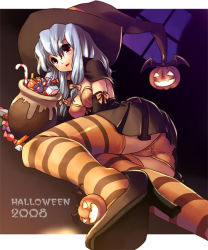Rule 34 | 00s, 1girl, 2008, candy, candy cane, food, foreshortening, halloween, hat, high heels, jack-o&#039;-lantern, katahira masashi, long hair, lying, orange panties, orange thighhighs, original, panties, pumpkin, red eyes, shoes, silver hair, solo, striped clothes, striped thighhighs, thighhighs, underwear, witch, witch hat