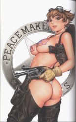 Rule 34 | 1girl, absurdres, ass, ass cutout, breasts, brown eyes, brown hair, chaps, clothing cutout, cocked hammer, cowboy, cowboy hat, cowboy shot, cowboy western, dual wielding, english text, gloves, goggles, gun, handgun, hands on own hips, hat, highres, holding, holster, large breasts, lips, m1911, original, panties, pasties, revealing clothes, revolver, short hair, shoulder holster, smile, solo, thigh holster, thong, tsukasa jun, underwear, united states, weapon, wedgie, western