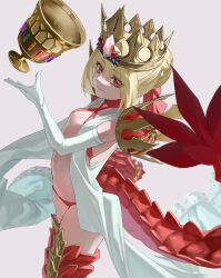 Rule 34 | 1girl, absurdres, armored legwear, blonde hair, boots, braid, breasts, chalice, commentary request, crown, cup, dragon tail, elbow gloves, eyelashes, fate/grand order, fate/grand order arcade, fate (series), gloves, gold crown, grey background, hair bun, hair intakes, highres, holy grail (fate), ina (rimuna 1228), long hair, looking at viewer, navel, nero claudius (fate), nero claudius (fate) (all), pointed crown, queen draco (fate), queen draco (second ascension) (fate), red eyes, red scales, scales, shoulder plates, small breasts, smile, solo, standing, tail, thigh boots, white gemstone, white gloves