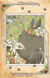 Rule 34 | 1boy, acorn, art nouveau, bouquet, closed eyes, closed mouth, daisy, flower, flower wreath, highres, holding, holding bouquet, leaf, lily (flower), no humans, red flower, red tulip, rose, smile, studio ghibli, susuwatari, tonari no totoro, totoro, tulip, whiskers, yellow flower, yellow rose, yellow tulip, zzzeus
