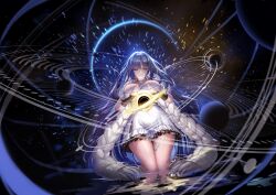 Rule 34 | 1girl, absurdres, black hole, blue hair, breasts, closed eyes, commentary, dress, english commentary, full body, girls&#039; frontline, girls&#039; frontline neural cloud, highres, hubble (neural cloud), jewelry, kneeling, large breasts, lilac (k32420276), long hair, necklace, planet, smile, solo, thighs, very long hair, water, white dress