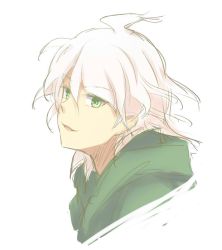 Rule 34 | 1boy, ahoge, commentary request, cropped shoulders, danganronpa (series), danganronpa 2: goodbye despair, from side, green eyes, green jacket, hair between eyes, hood, hood down, jacket, komaeda nagito, looking at viewer, male focus, meipoi, open mouth, simple background, smile, solo, upper body, white background, white hair