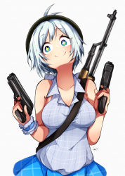 Rule 34 | + +, .live, 1girl, absurdres, ahoge, ak-47, antenna hair, assault rifle, bare shoulders, blue eyes, blue shirt, blue skirt, blush, breasts, closed mouth, collarbone, collared shirt, commentary request, dual wielding, grey background, gun, hair between eyes, handgun, head tilt, highres, holding, holding gun, holding weapon, kalashnikov rifle, looking at viewer, medium breasts, motimotifukurou, plaid, plaid shirt, plaid skirt, pleated skirt, rifle, shirt, short hair, signature, silver hair, simple background, dennou shoujo siro, skirt, smile, solo, star-shaped pupils, star (symbol), symbol-shaped pupils, virtual youtuber, weapon, weapon on back, wrist cuffs