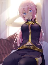 Rule 34 | 1girl, arms behind head, arms up, backlighting, bare shoulders, belt, black shirt, black skirt, blue eyes, commentary, curtains, hair tie, hair tie in mouth, indoors, long hair, megurine luka, mouth hold, navel, nokuhashi, pillow, pink hair, shirt, side slit, sitting, skirt, sleeveless, sleeveless shirt, solo, thighhighs, tying hair, vocaloid, window