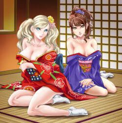 Rule 34 | 2girls, albyee, alternate costume, areola slip, armpit crease, bare legs, bare shoulders, blue eyes, breasts, breasts apart, brown eyes, brown hair, collarbone, commentary, commission, english commentary, floral print, flower, full body, hair flower, hair ornament, indoors, japanese clothes, kimono, kujikawa rise, large areolae, large breasts, legs, lips, long hair, looking at viewer, multiple girls, no shoes, obi, obijime, off shoulder, on floor, own hands together, parted bangs, parted lips, persona, persona 4, persona 5, pink sash, purple kimono, red kimono, sash, shadow, shouji, sidelocks, sitting, sliding doors, socks, swept bangs, tabi, takamaki anne, tatami, thighs, twintails, variant set, white socks, wide sleeves, yokozuwari