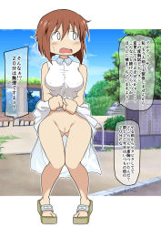 Rule 34 | 1girl, akazawa fuyuki, blush, brown hair, censored, cleft of venus, clothes lift, dress, dress lift, exhibitionism, hagiwara yukiho, highres, idolmaster, idolmaster (classic), lifting own clothes, no panties, open mouth, outdoors, park, public indecency, pussy, sandals, short hair, tears, translation request, white dress